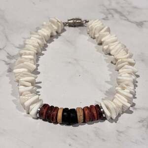 Handmade White Puka Shell Chip and Wood Bead Surfer Bracelet